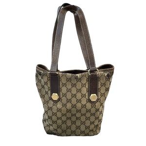 Gucci Monogram GG Small Charmy Tote Bag Brown Bolt Hardware Accent Luxury